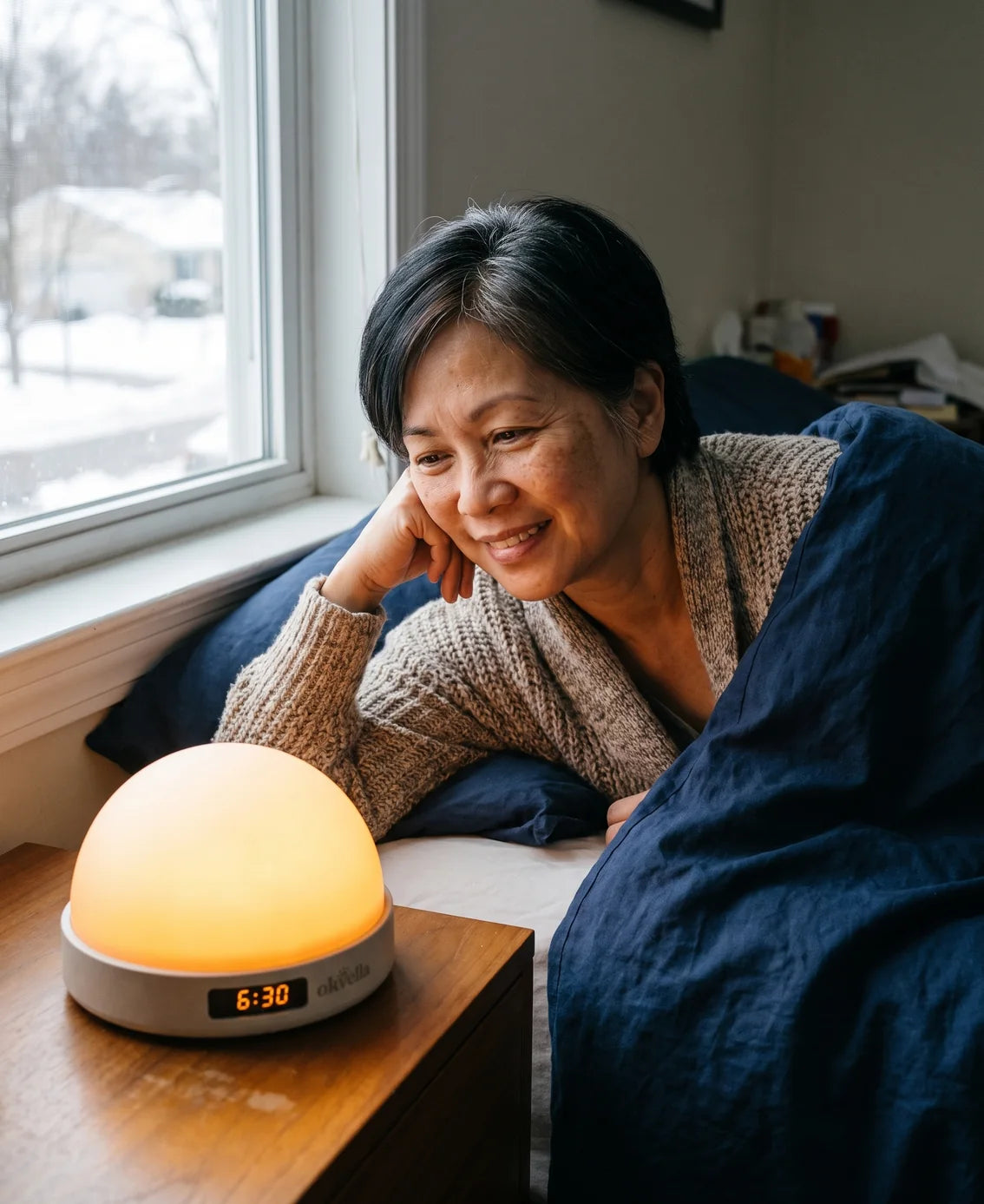 Woman in bed smiling at the glowing okvella sunrise light on a winter morning