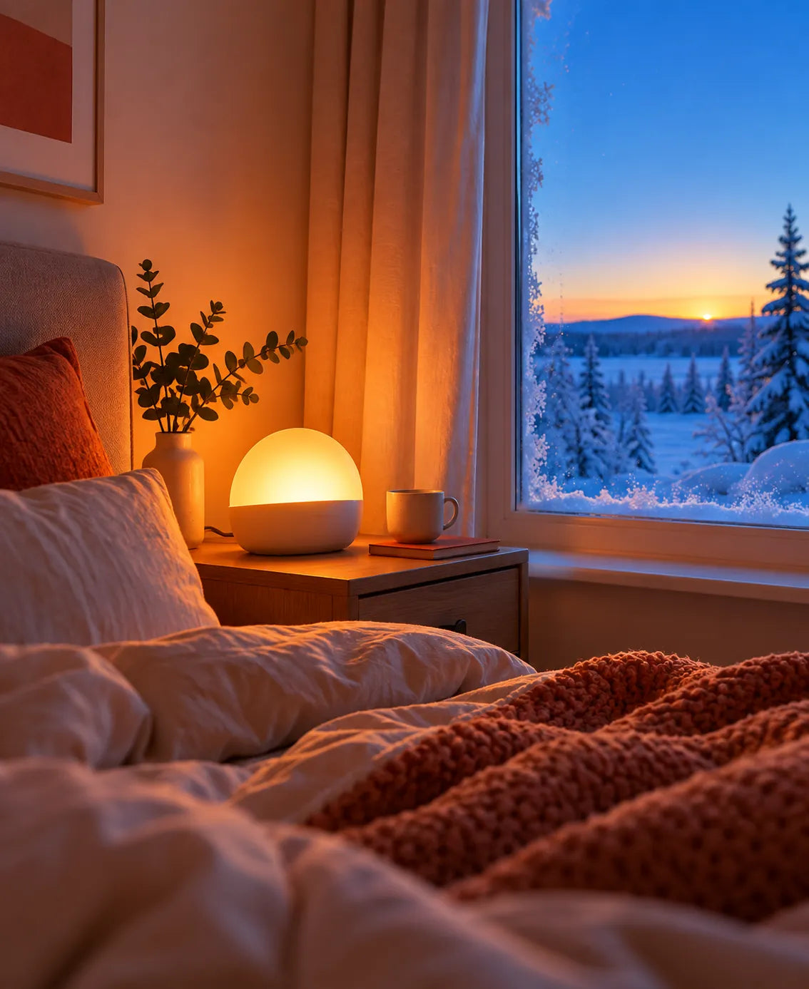 Sunrise lamp glowing on a snowy winter morning
