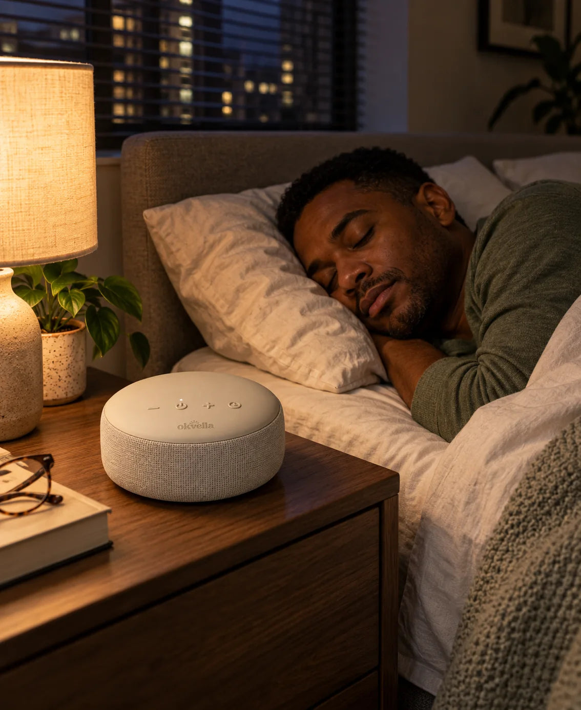 Man asleep in bed next to the okvella sound machine on his nightstand