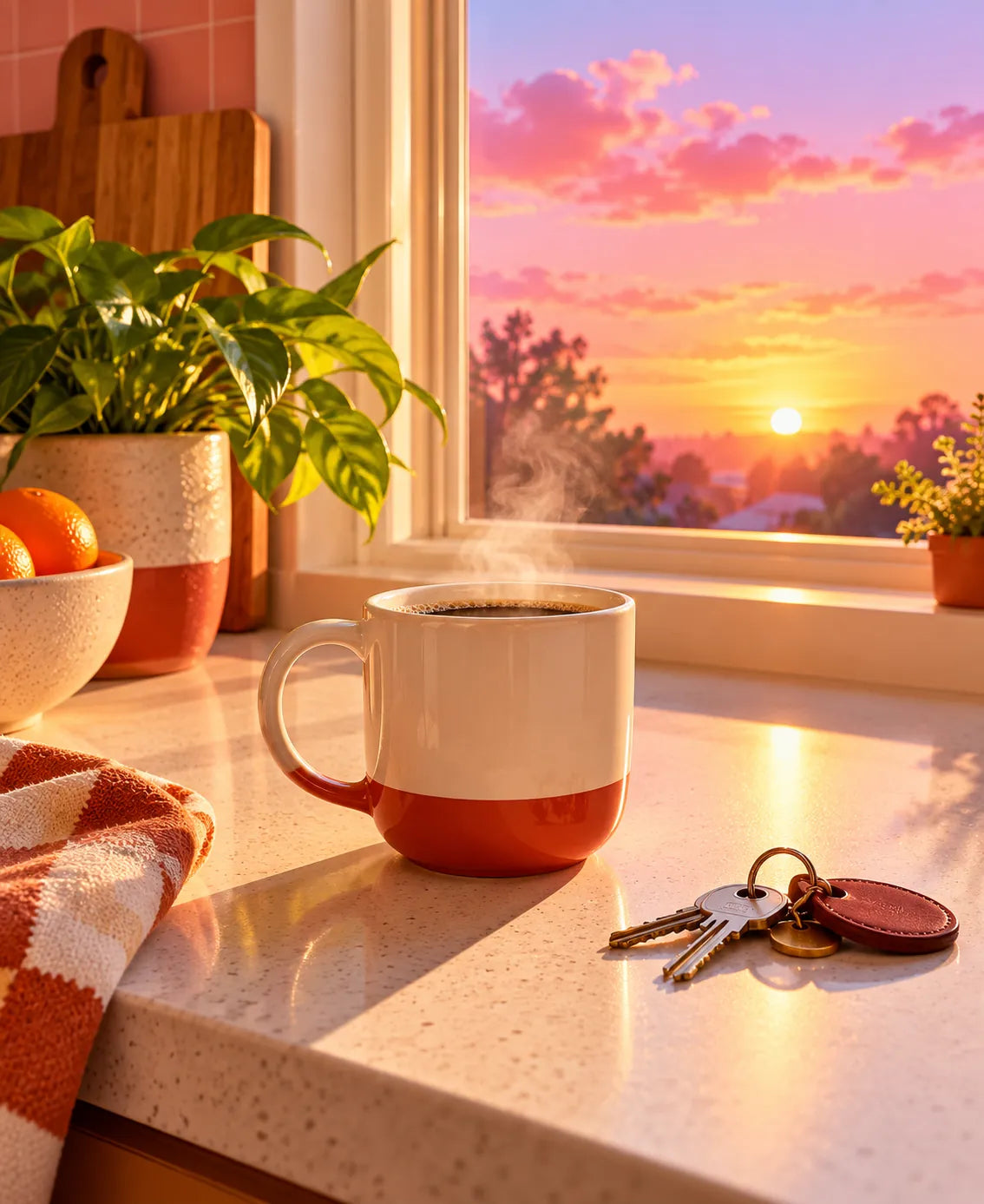 Coffee mug and keys on a kitchen counter at sunrise