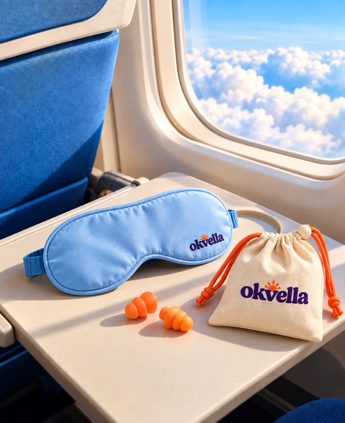 Sleep mask, ear plugs and pouch on an airplane tray