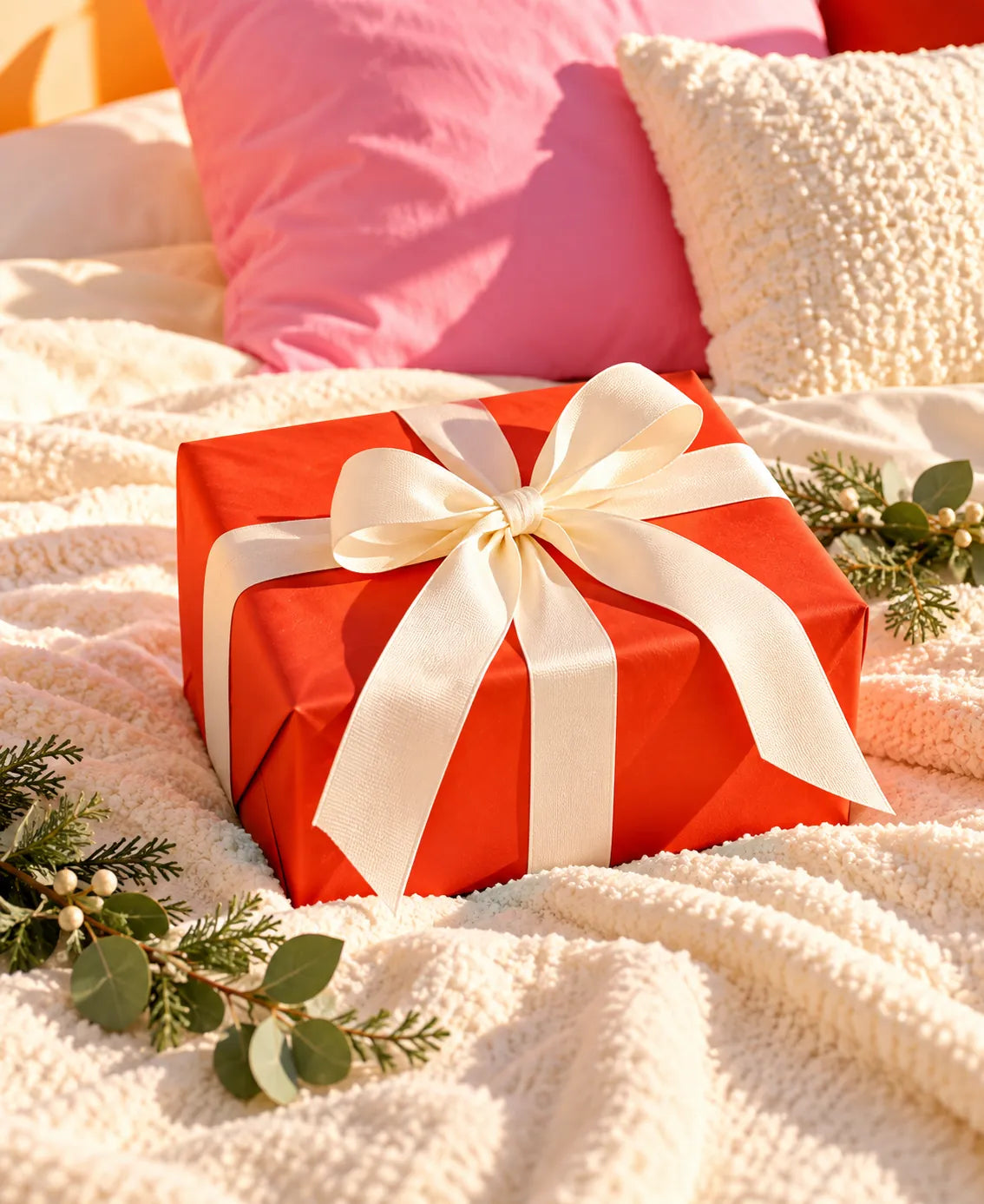 Red-wrapped gift box with a cream ribbon on a bed