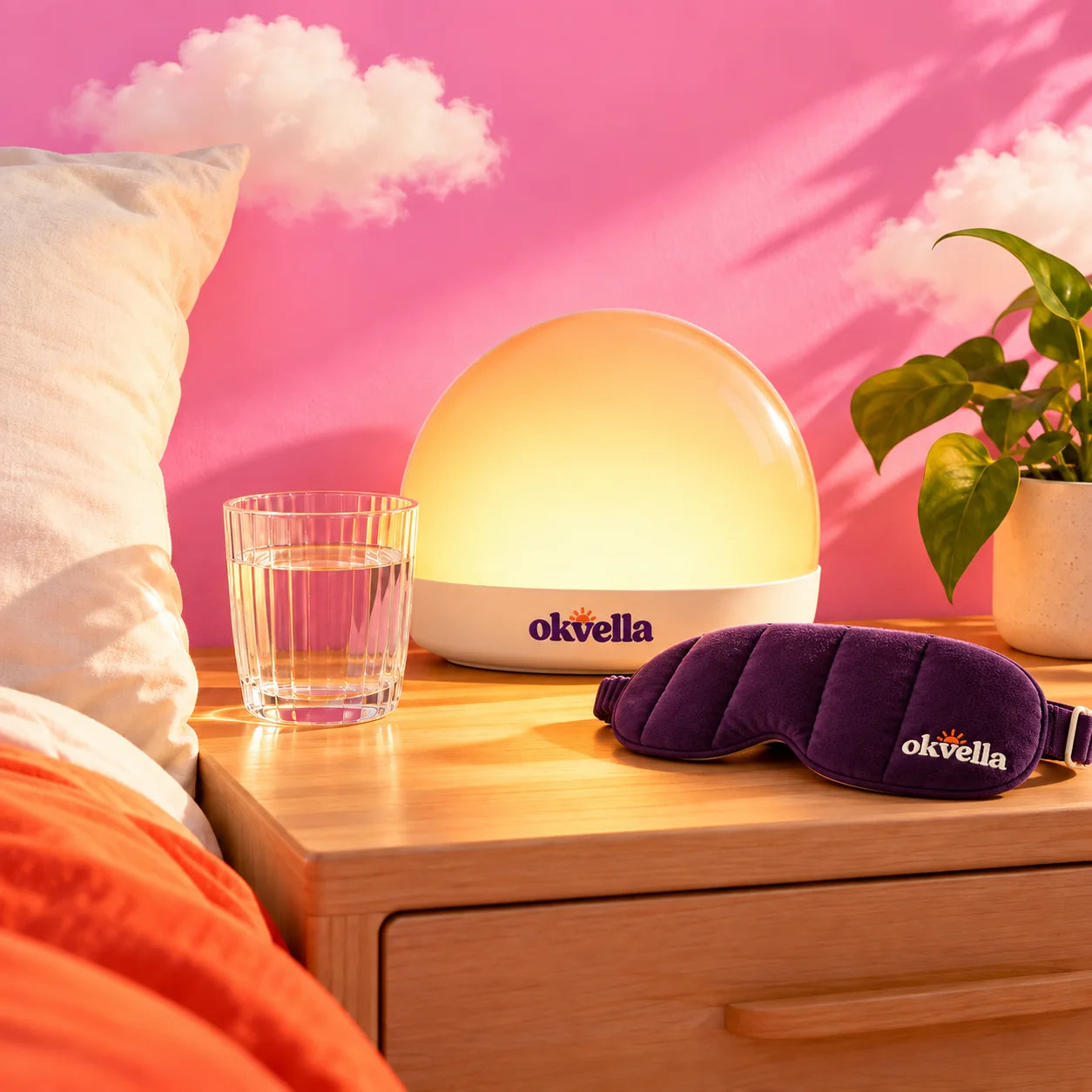 Cozy nightstand with a glowing lamp, water glass and sleep mask