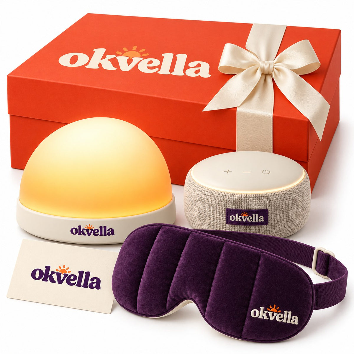 okvella Complete Sleep Reset gift box with sunrise light, sound machine and weighted mask
