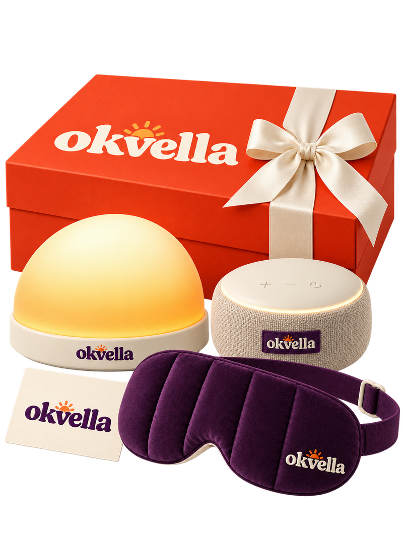 okvella Complete Sleep Reset gift box with sunrise light, sound machine and weighted mask