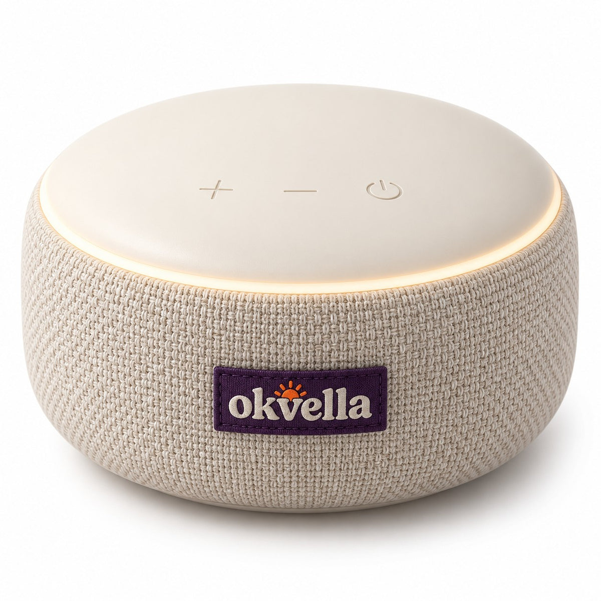 okvella smart sound machine with oatmeal knit fabric, cream top and woven okvella label