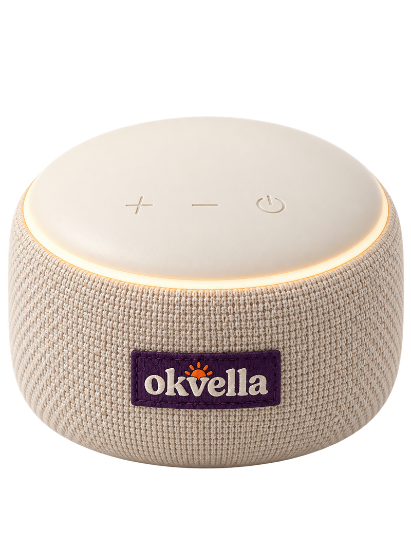 okvella smart sound machine with oatmeal knit fabric, cream top and woven okvella label