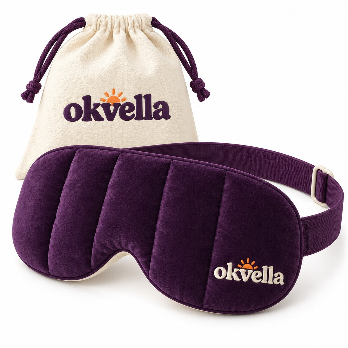 okvella weighted sleep mask in plum velvet with its cream carry pouch