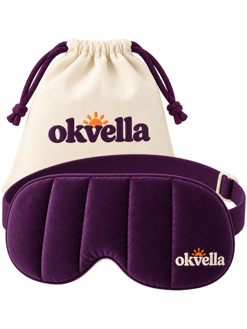 okvella weighted sleep mask in plum velvet with its cream carry pouch