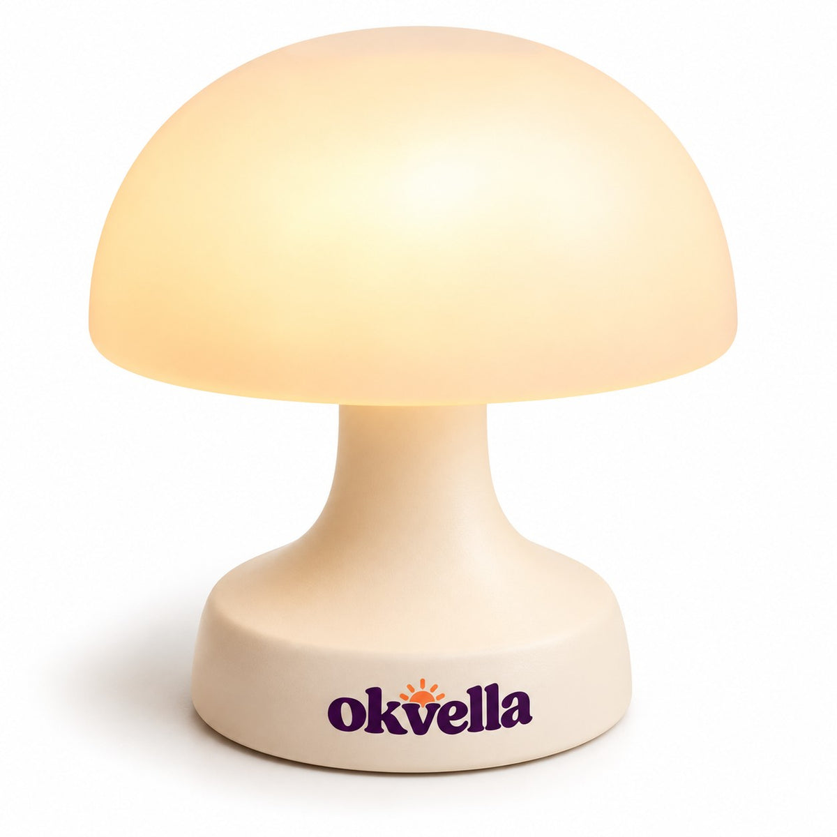 okvella bedside dimmable mushroom light glowing warm on a cream base