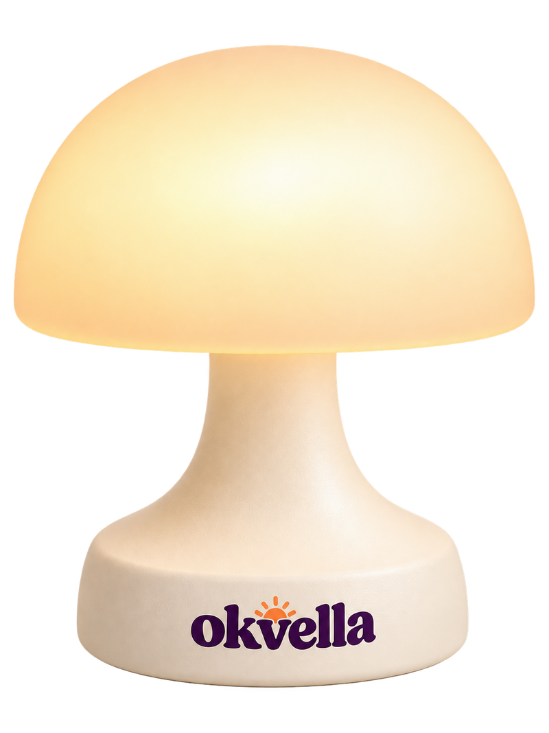 okvella bedside dimmable mushroom light glowing warm on a cream base