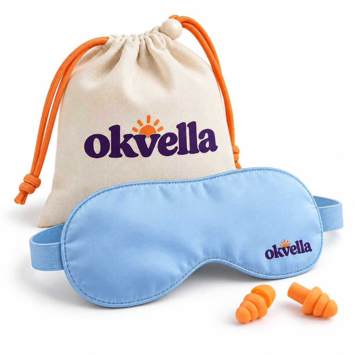 okvella travel sleep kit: canvas pouch, sky-blue satin mask and orange silicone ear plugs