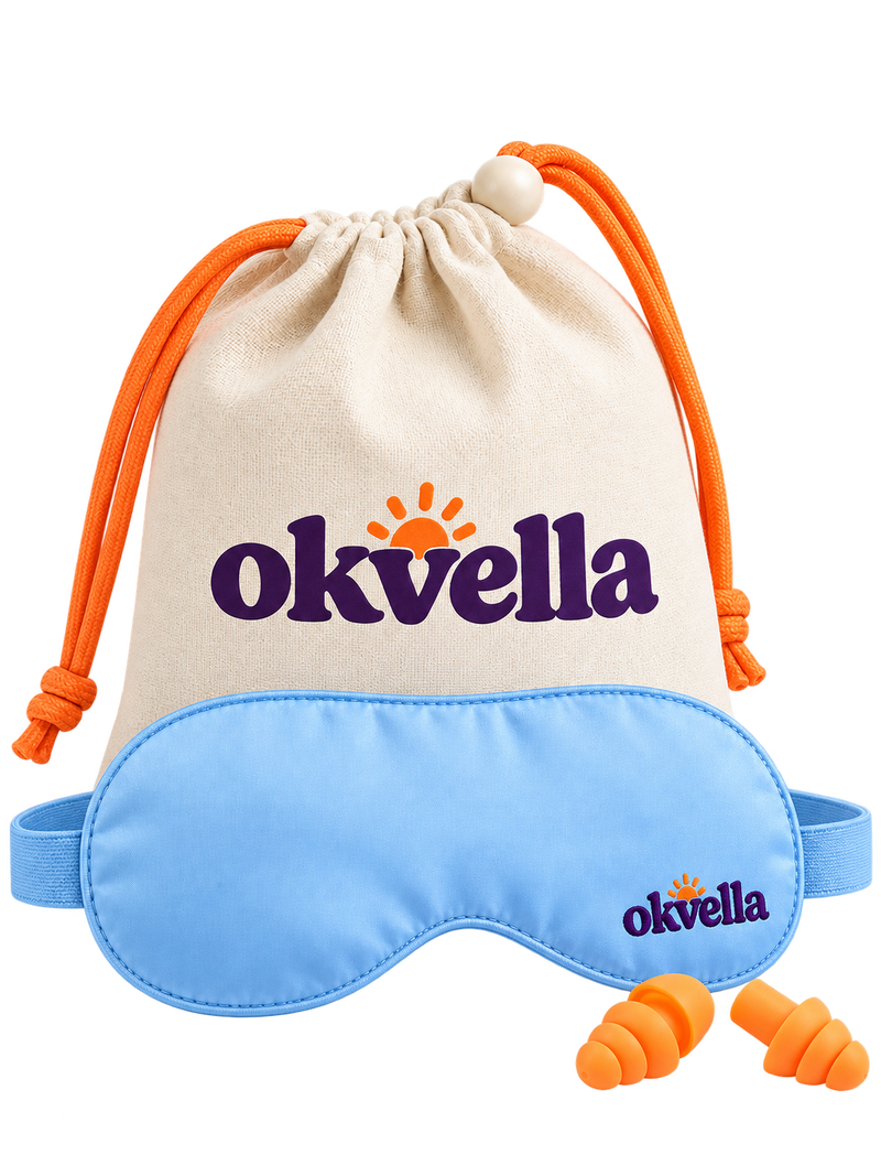 okvella travel sleep kit: canvas pouch, sky-blue satin mask and orange silicone ear plugs