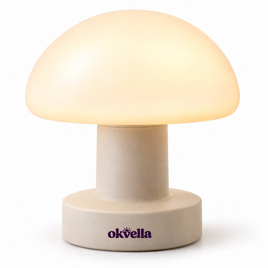 okvella Bedside Dimmable Light glowing warm, mushroom shape with oat base