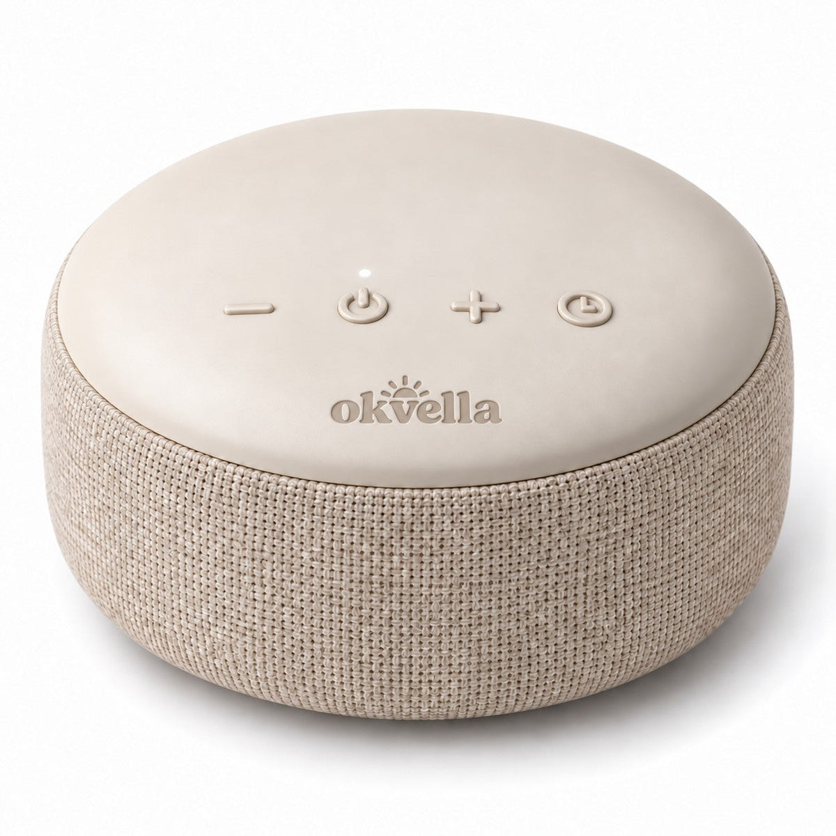 okvella Smart Sound Machine with oatmeal knit sides and four touch icons on top