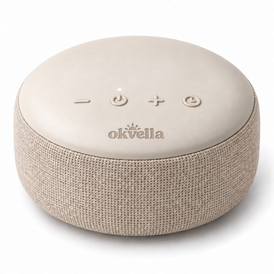 okvella Smart Sound Machine with oatmeal knit sides and four touch icons on top