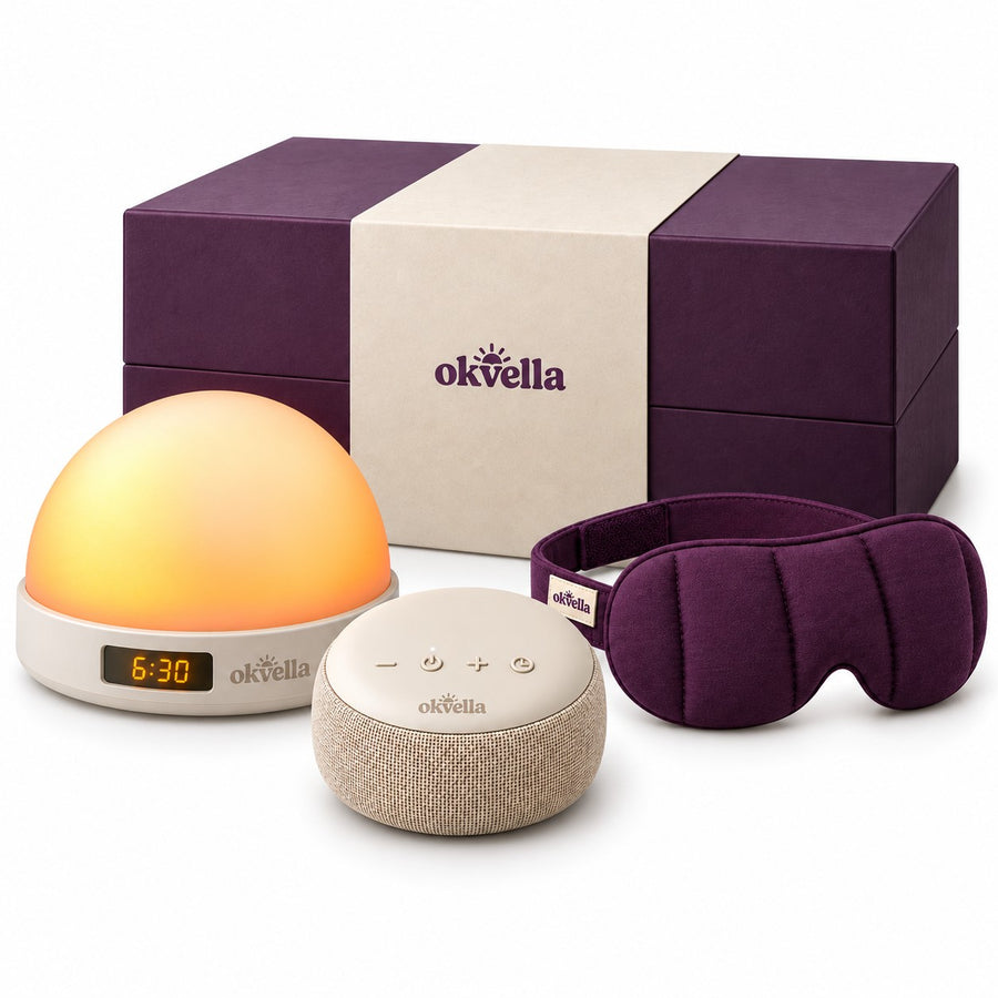 okvella Complete Sleep Reset gift box with the sunrise light, sound machine and weighted mask