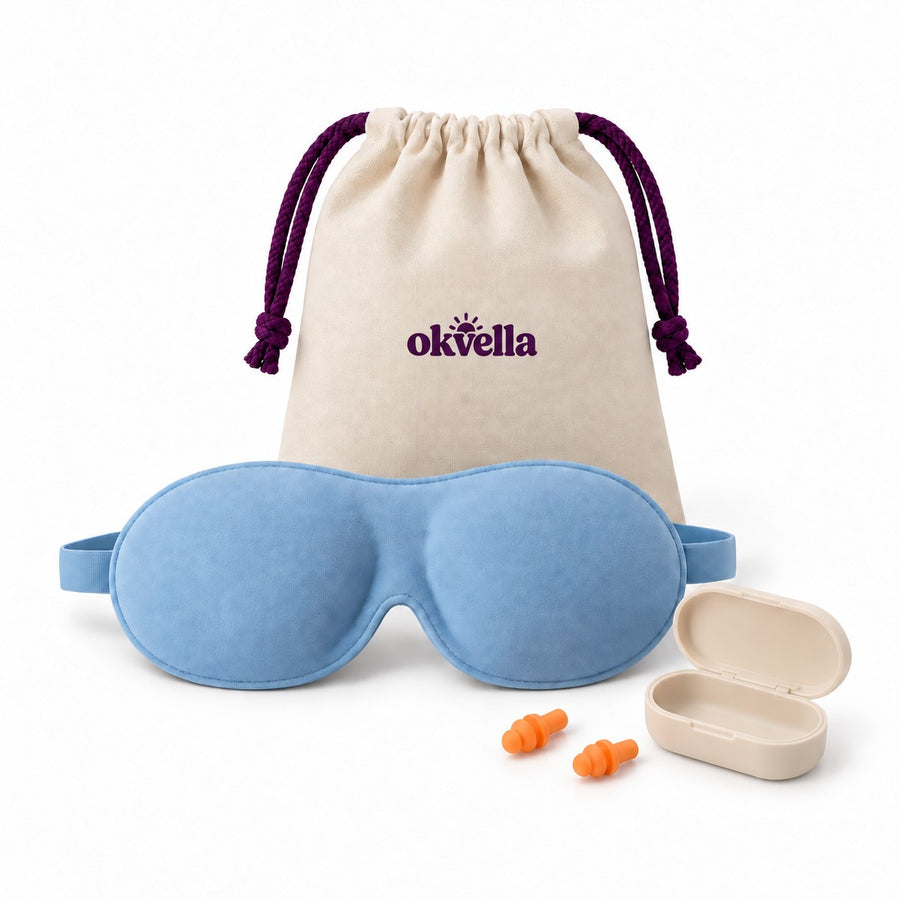 okvella Travel Sleep Kit: canvas pouch, contoured blue mask and orange ear plugs with case