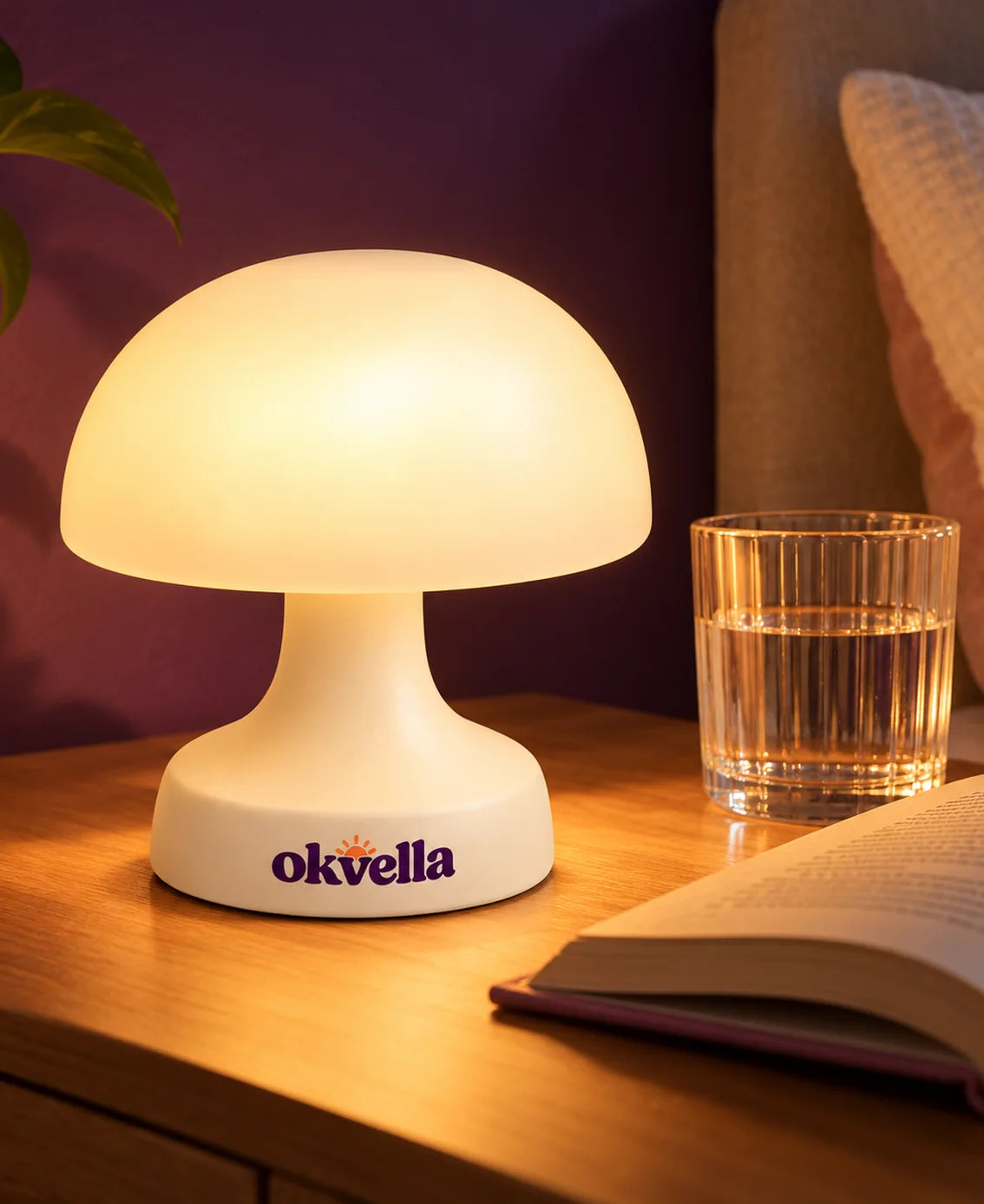 Nightstand with a sleep mask and sound machine at night