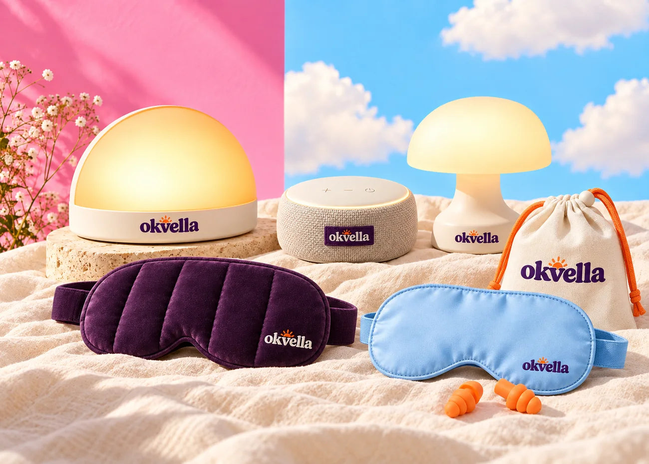 The okvella range of sleep products arranged on linen